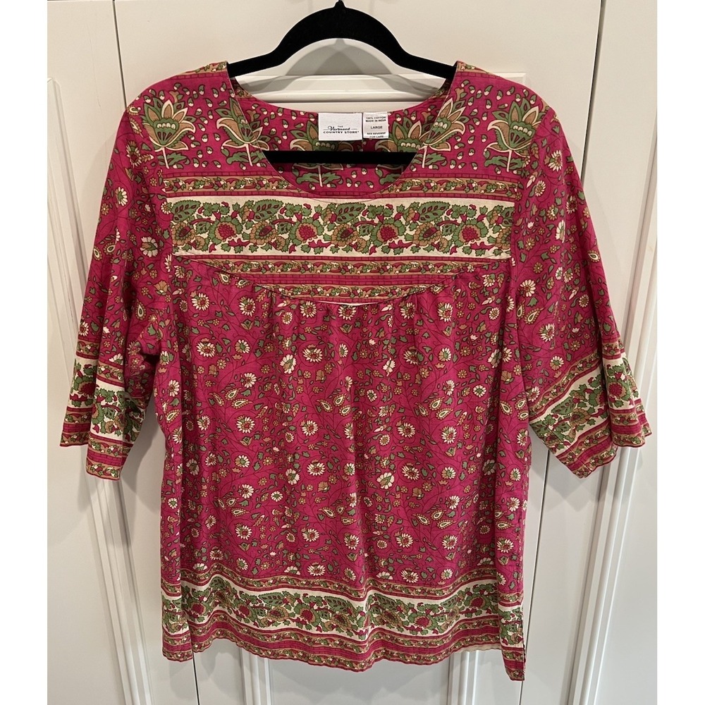 Vermont Country Store Pink Floral Cotton Top Size Large Cottagecore Boho Spring - Picture 1 of 5